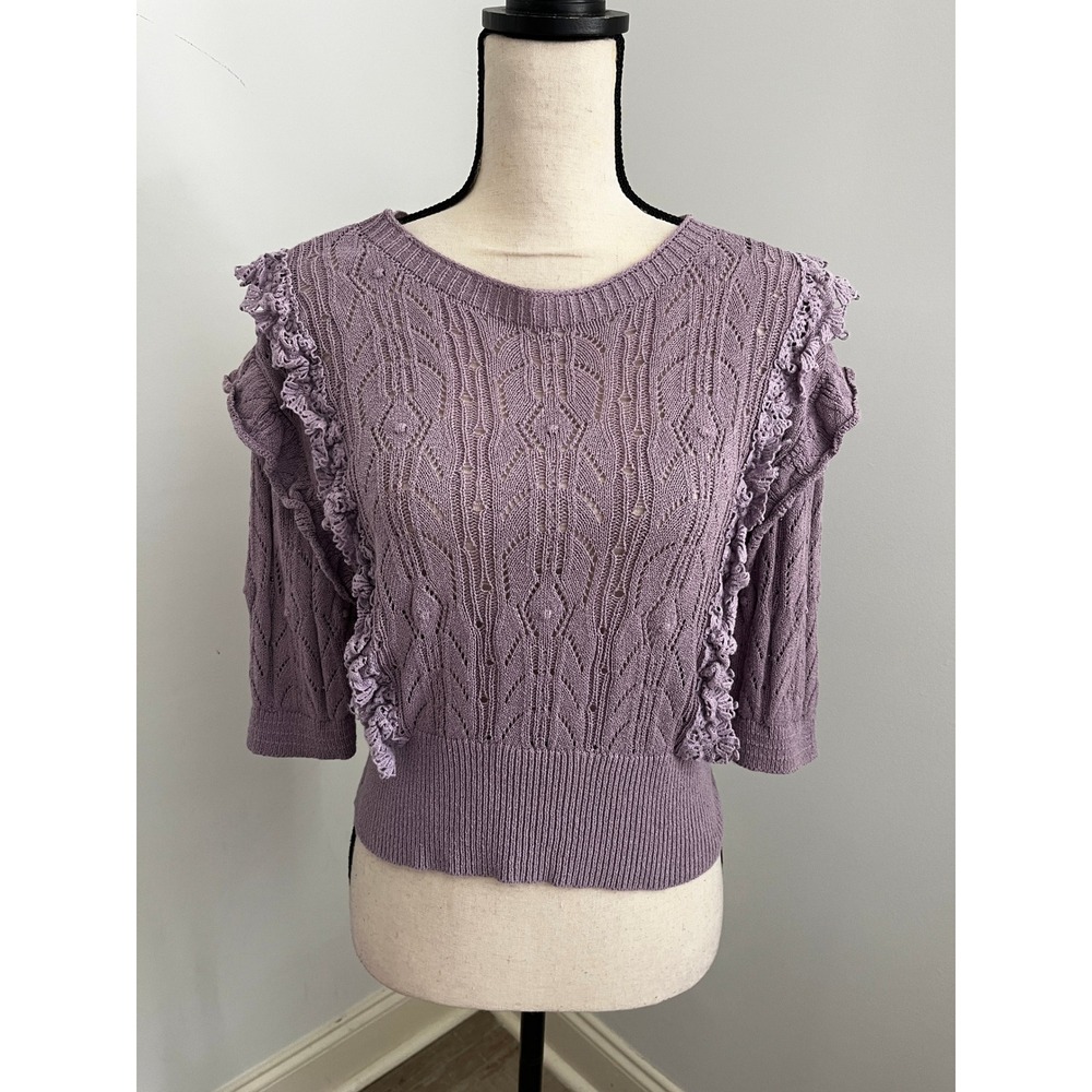 Pointelle Ruffle Knit Sweater Large Purple Boho Chic Coquette Romantic Feminine